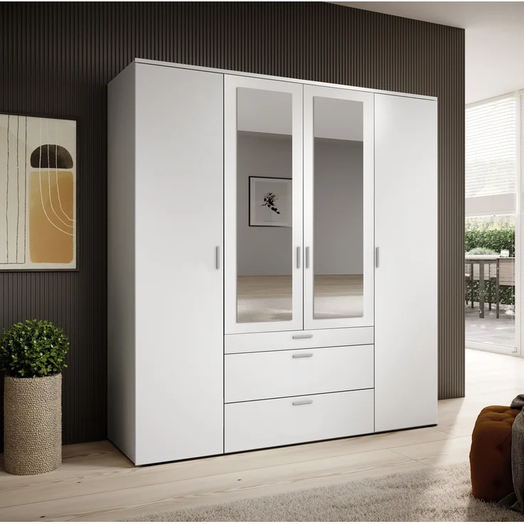 Drehtürenschrank >Vesala< 4 Türen, 3 Schübe, Weiß / Spiegel - 180x195x56cm (BxHxT) – Bild 2