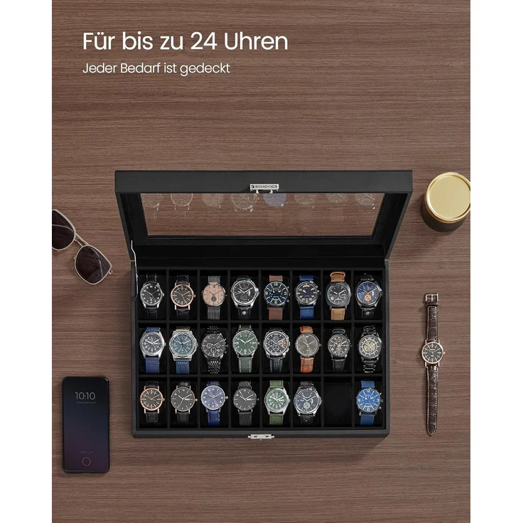 SONGMICS Uhrenbox, abschließbarer Uhrenkasten, Uhrenkoffer, Organizer für Uhren, mit 24 Fächern, Glasdeckel, Geschenk für die Liebsten, PU-Bezug in Tintenschwarz, Samtfutter in Tintenschwarz JWBDE024B02 – Bild 3