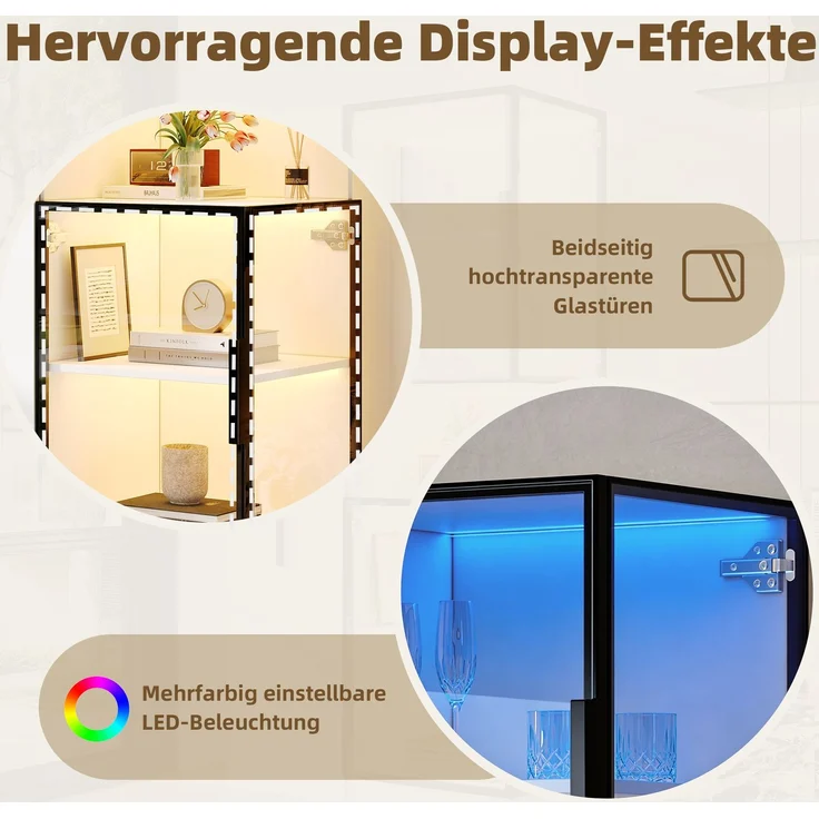 Vitrine B 70 x T 38 x H 160 cm aus MDF und Glas mit ausziehbaren Seitenregalen und LED – Bild 7
