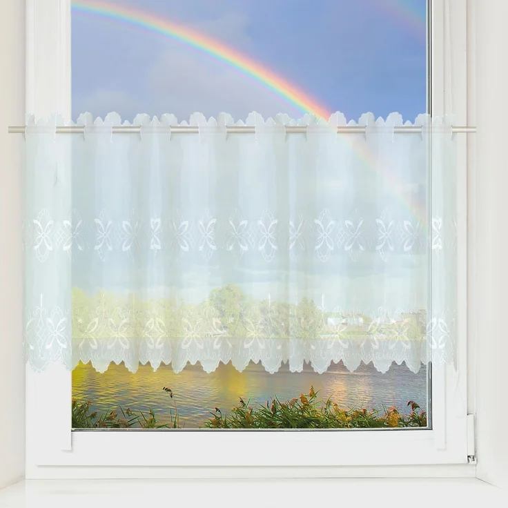 Bistrogardine ( Blumen Ornament ) mit Schlaufenaufhängung ( 45 x 155 cm ), transparente uni Scheibengardine, Vorhang, Kurzgardine, Voile Gardine – Bild 7