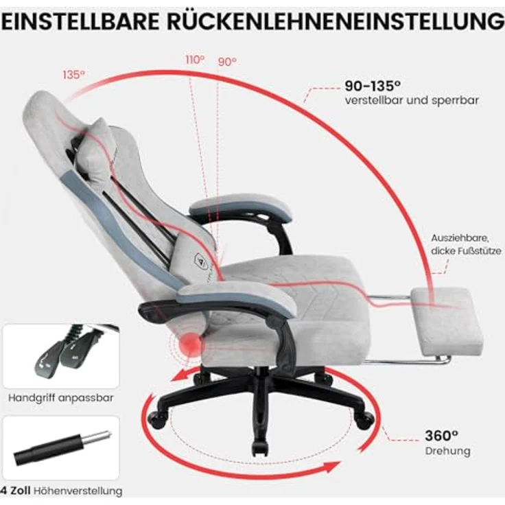 GTPLAYER Gaming Stuhl Stoff, Gaming Sessel mit Taschenfederkissen, ergonomischer Drehstuhl, Gamer Stuhl mit Fußstütze150 kg Belastbarkeit, grau – Bild 4