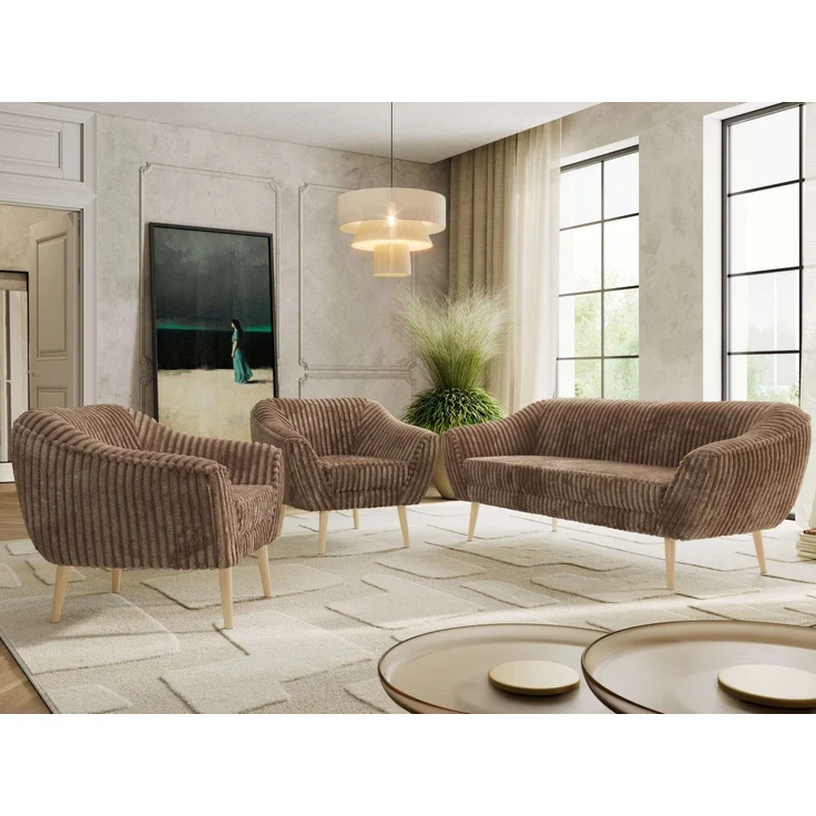 Wohnzimmerset PIRS 1-1-3, Skandinavisches 3-Sitzer Sofa mit Sesseln, Sofa mit Wellenfederung, Buche Füße, Skandinavisches Möbelset - Braun Cord – Bild 4