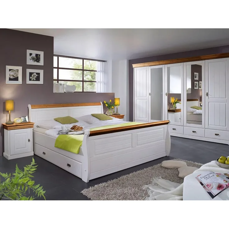 Möbel-Eins ROMAN Komplett-Schlafzimmer; Material Massivholz, Kiefer weiss/honigfarben mit Bettkasten