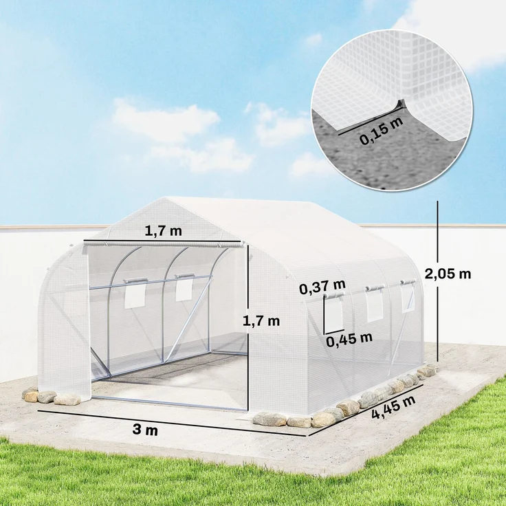 MELAYR, Tunnelgewächshaus 445x300x205 cm, Gartengewächshaus mit 6 Fenstern und PE-Polyethylen-Abdeckung 140 g/m², Weiß – Bild 5