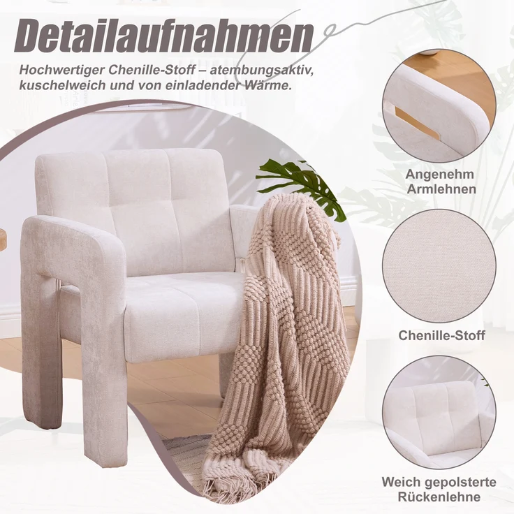 LVHOM Sessel Skandinavischer Stil, Polstersessel Cordstoff, Relaxsessel Einzelsessel Loungesessel, für Wohnzimmer, Büro, Schlafzimmer, Beige – Bild 5