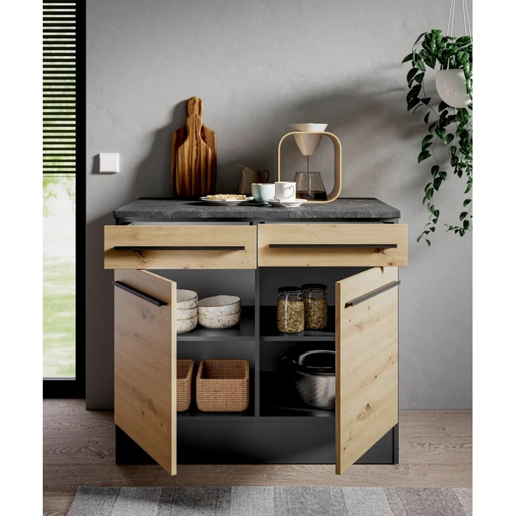 Yourkitchen 'JAZZ' Küchenschrank Unterschrank, Holznachbildung Eiche Artisan, 100 x 90 x 60 cm, mit Schublade – Bild 3