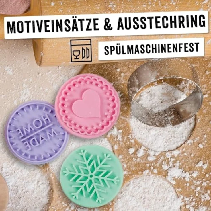 Trodat Keksstempel Set Home Made, Ø ca. 6 cm, Holzstempel, 3 wechselbare Silikon-Motiveinsätze, rostfreier Edelstahl-Ausstechring, spülmaschinenfest – Bild 6