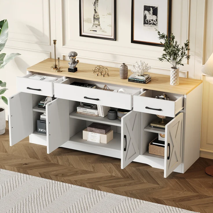 Sideboard MDF mit 3 Schubladen & 4 Türen 160x37x75 cm, Weiß – Bild 3