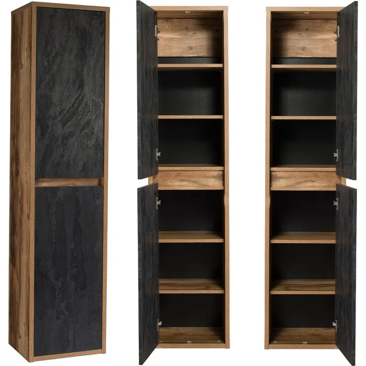 Badezimmmer Hochschrank HARLOW-56 Eiche mit Beton dunkel, B/H/T: ca. 40/170/33 cm