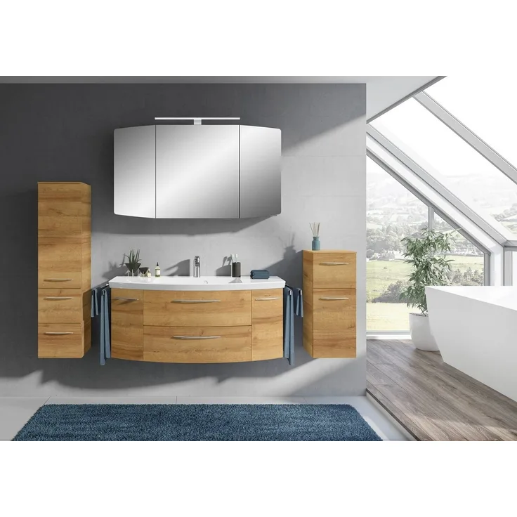 Saphir Badmöbel-Set Cassca Sprint 4-teilig Mineralmarmor-Waschtisch mit LED-Spiegelschrank, (5-St), Midischrank, Unterschrank, inkl. Türdämpfer, 7 Türen, 5 Schubladen