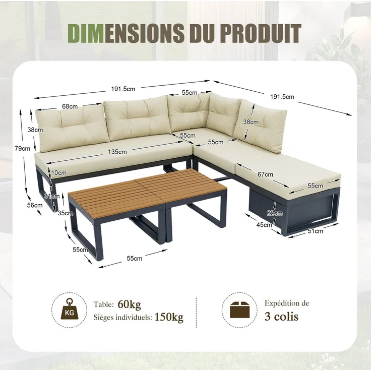 Gartenlounge-Set, Polyester mit Liegefunktion & Stauraum, 191,5x191,5x79 cm, Beige – Bild 4