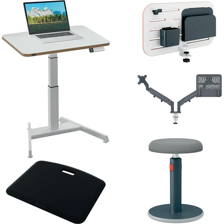 Leitz Ergo Compact Workstation Pro - Monitor & Laptop, Höhenverstellbarer, elektrischer Sitz-/Steh-Schreibtisch, Stehpult im Set mit 4 Ergo Produkten, Für Büro, Desk Sharing & Home Office
