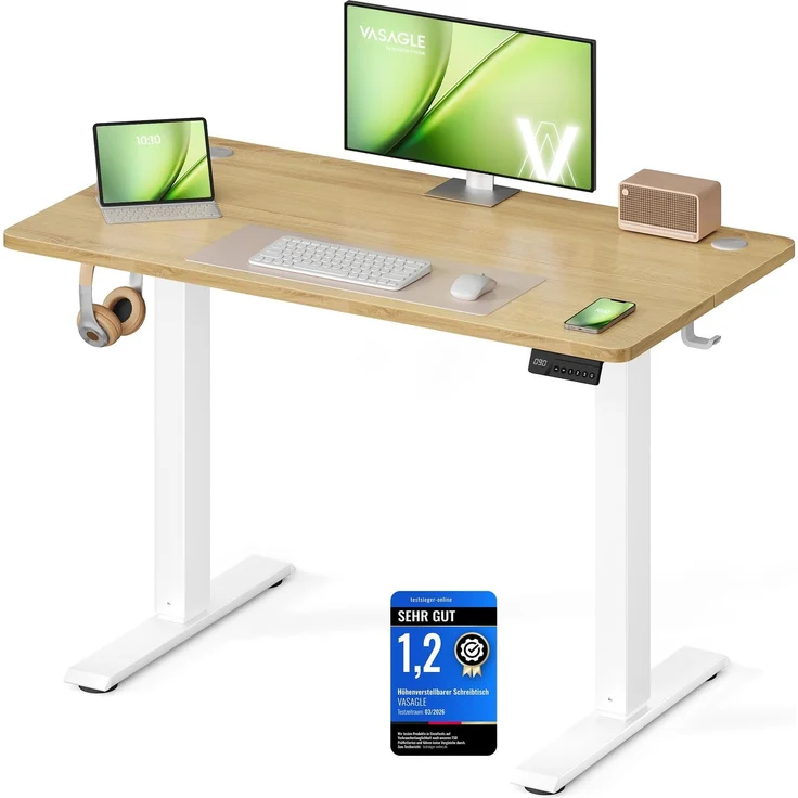 VASAGLE Höhenverstellbarer Schreibtisch, Stehtisch, Computertisch, Erinnerung bei langem Sitzen, Memory-Funktion mit 4 Höhen, für Büro, 100x60 cm, goldeichenfarben LSD310YA03