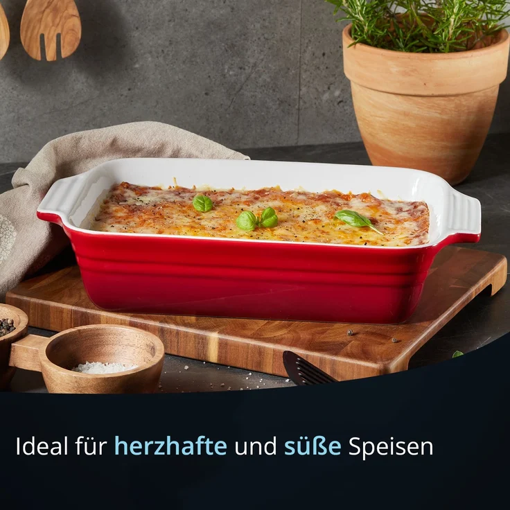 KHG Auflaufform groß 40 cm mit 3 Liter in Rot für 4-6 Personen, Ofenform Keramik Steingut rechteckig & kratzfest, Backform für Lasagne Tiramisu Aufläufe & mehr – Bild 1