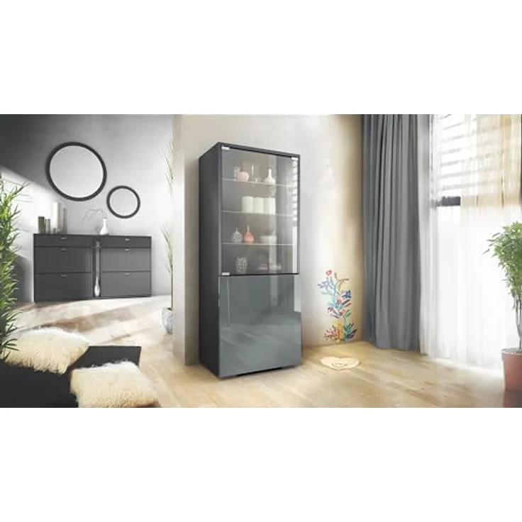 Vladon Standvitrine Granada (Vitrinenschrank, mit Glastür und Glaseinsatz) Anthrazit matt/Grau Hochglanz (50 x 122,5 x 34,5 cm) – Bild 3