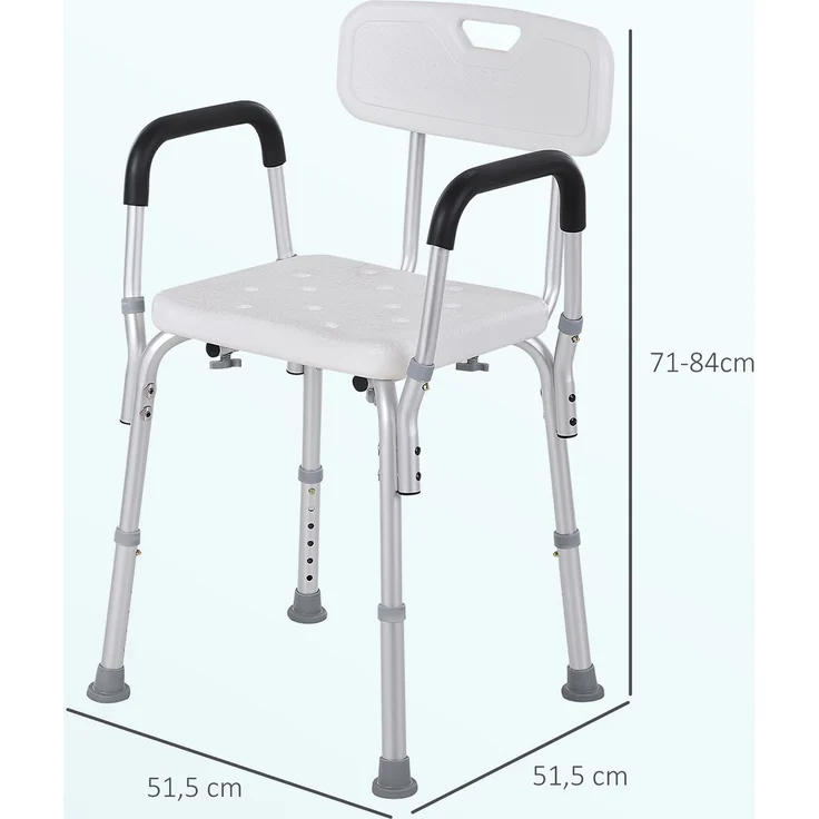 Duschstuhl mit Rückenlehne und Armlehnen, höhenverstellbarer Duschsitz mit rutschfesten Füßen, abnehmbare Armlehnen, bis 136 kg, Aluminium/HDPE, Weiß – Bild 5