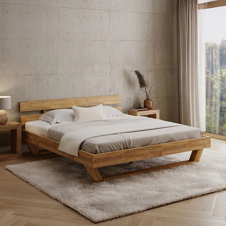 skølm 'Nornir' Bett 180x200 cm, Bettgestell, natur geölt, Massivholzbett aus Eiche mit Holzkufen, Doppelbett mit Streben Bettkopf – Bild 1