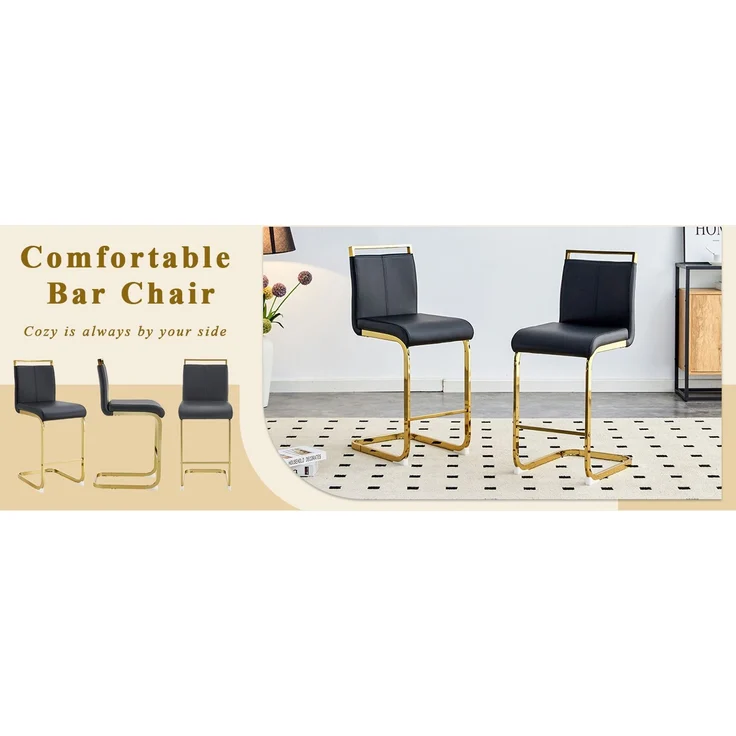 Zweier-Set Barhocker im nordischen Stil (Set mit 2 Stühlen).Hergestellt aus hochwertigem schwarzem Kunstleder mit goldfarbenen Metallbeinen, Geeignet für Restaurants, Küchen u.a.--Schwarz + Gold--39x46.5x96.5cm--YOUDENOVA – Bild 10