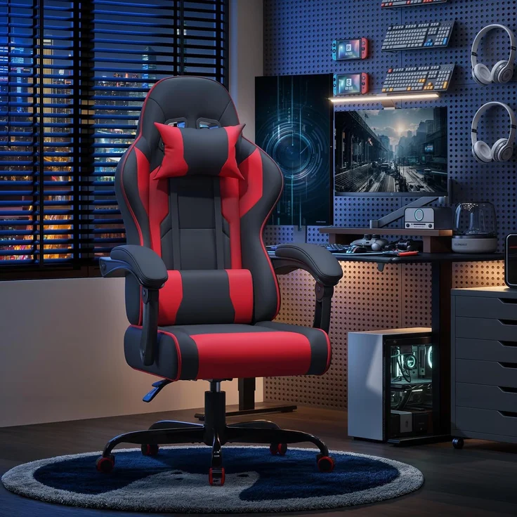 Devoko Gaming Stuhl mit Massagefunktion, Bürostuhl Ergonomisch mit Verstellbarer Ruckenlehne (90-135), Schreibtischstuhl mit Bewegliche Armlehne, max 150kg, rot – Bild 2