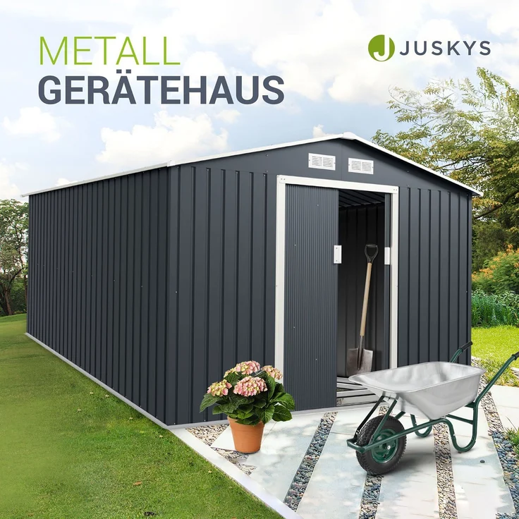 Juskys Metall Gerätehaus XXL mit Satteldach, Schiebetür & Fundament, anthrazit, 15m³ | 277×319×192 cm – Bild 2