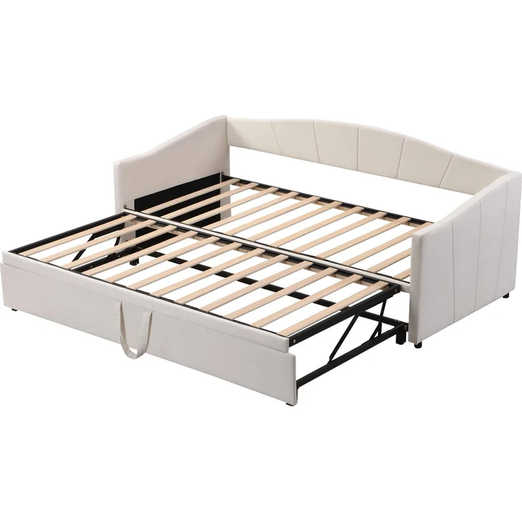 Polsterbett Ausziehbett 90/180x200 cm in Beige, Samtbezug, mit Lattenrost, Matratze nicht enthalten – Bild 4