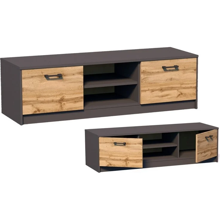 Home Collective TV-Schrank 120cm breit Lowboard mit matter Oberfläche Fernsehtisch (abgerundete Kante und Metall-Rollschienen Fernsehkommode) mit 2 Türen und 1 Regal, aus laminiertem Board graphit Eiche – Bild 1