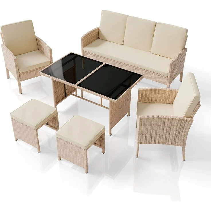 Juskys Polyrattan Gartenmöbel Sitzgruppe Turin Set 6 teilig - 7 Personen - Outdoor Möbel mit Sessel, Hocker, Tisch & Kissen - Loungemöbel Creme / Sand – Bild 1