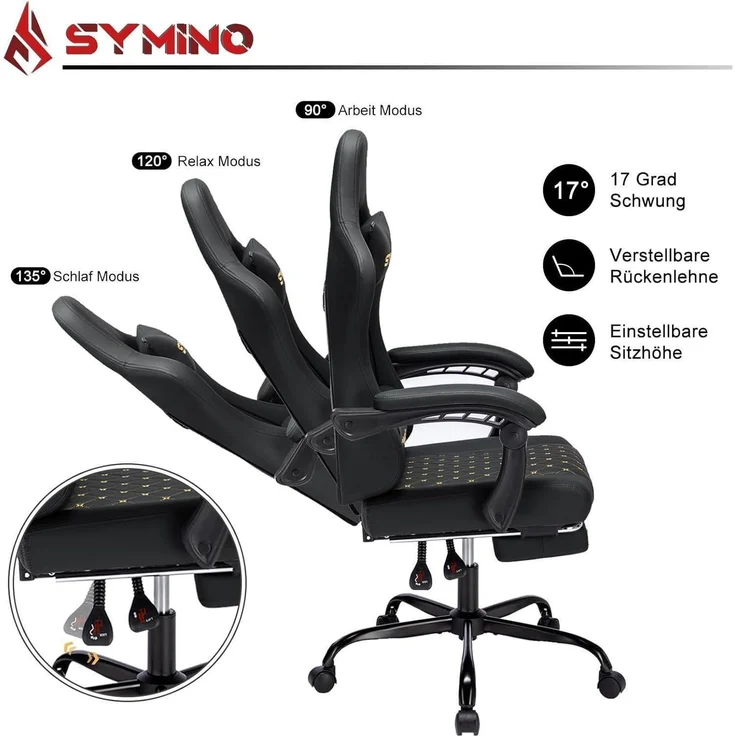 Symino Racing Gamer Stuhl mit Lendenwirbelstütze und Fußstütze, Stabil, Schwarz – Bild 5