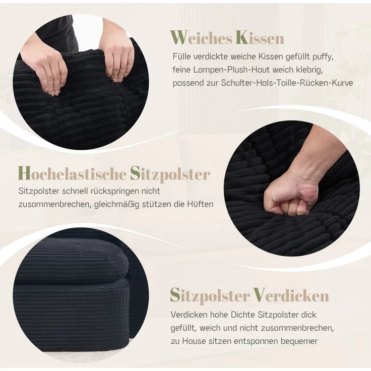 EINHOM Schlafsessel 2-in-1 aus Cord, Schlafsofa mit Liegefunktion, Komprimiertes Bodensofa mit Verstellbaren Armlehnen, 2 Getränkehaltern, Hoher Rückenlehne und Extra Tiefer Sitzfläche, Schwarz – Bild 6