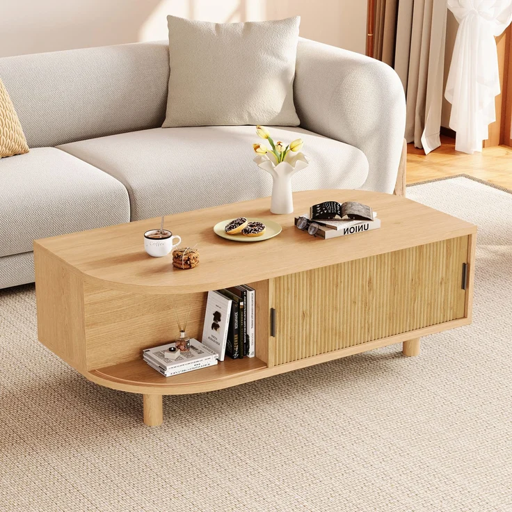 Couchtisch B 100 x T 50 x H 35 cm mit 2 Rolltüren und Stauraum, MDF und Spanplatte – Bild 3