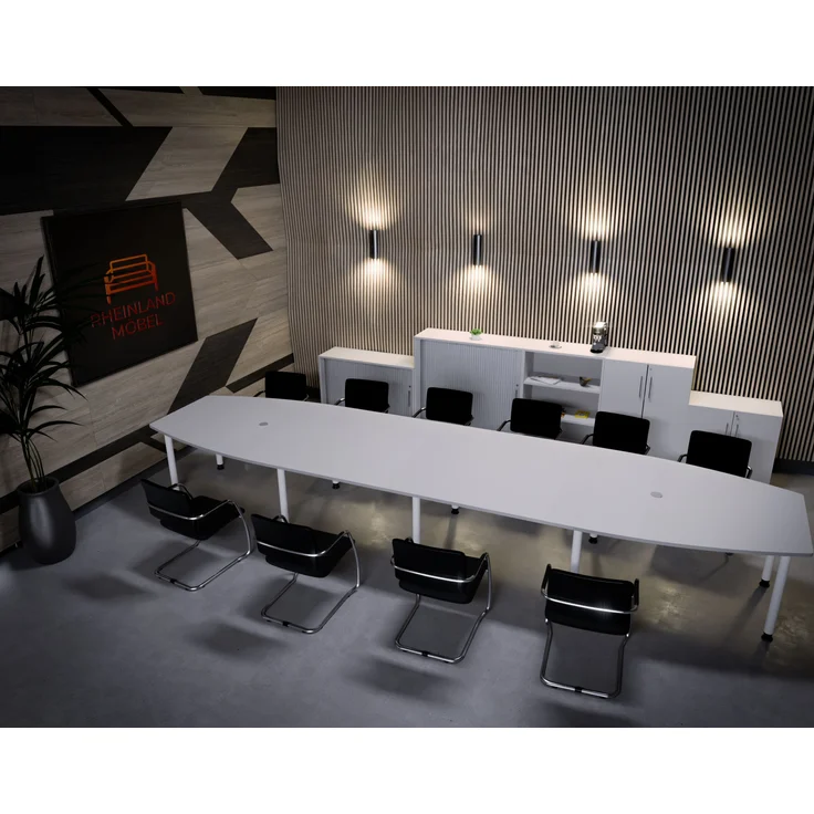 Rheinland Möbel Konferenztisch KONTI 520x130 cm – ovaler Besprechungstisch in Nussbaum mit weißen Rundrohrfüßen & 2 Kabelauslässen, erweiterbarer Meetingtisch für 16–18 Personen, moderner XXL-Tisch fürs Büro – Bild 4