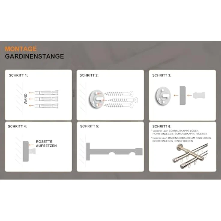 iso-design Gardinenstange Innenlauf 2-läufig 16 mm Farbe Edelstahl Wandmontage, Ø 16 mm, 2-läufig, Fixmaß, mit Bohren, Aluminium – Bild 6
