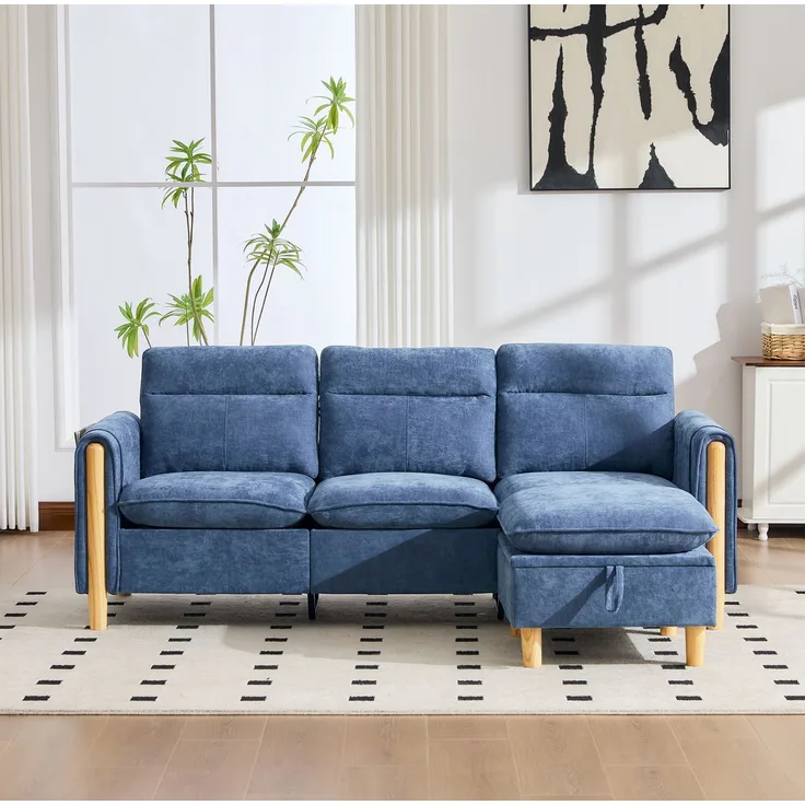 3-Sitzer Ecksofa 201x77x86 cm in Blau mit Stauraumhocker und Seitentaschen