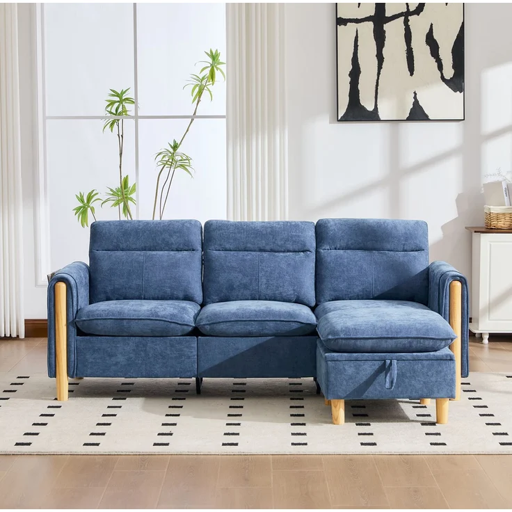 3-Sitzer Ecksofa 201x77x86 cm in Blau mit Stauraumhocker und Seitentaschen – Bild 1