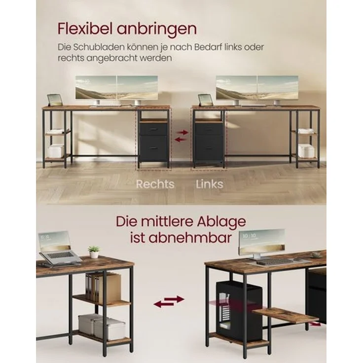 VASAGLE Computertisch, Bürotisch, Schreibtisch, mit 3 Ablagen, 2 Schubladen, 60 x 160 x 76 cm, fürs Büro, Wohnzimmer, moderner Stil, vintagebraun-schwarz – Bild 4