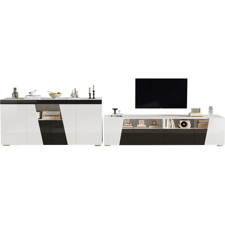DESVIAE TV-Schrank-Set mit LED-Beleuchtung, 180x38,5x45 cm und 140x65x40 cm, MDF/Spanplatte, Schwarz-Weiß – Bild 6