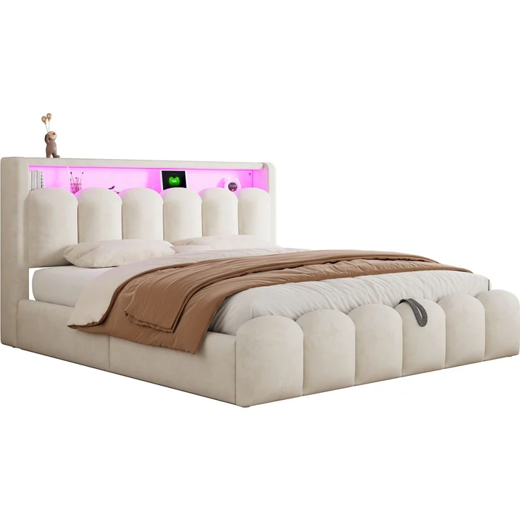 Polsterbett 180*200, Ausgestattet mit hydraulischer Staufunktionund Stauraum im Kopfteil, Doppelbett, Samtstoff,mit USB- und Typ-C-Anschlüssen, mit LED, weichem Samtstoff und Blütenblattdesign,Beige ( – Bild 9
