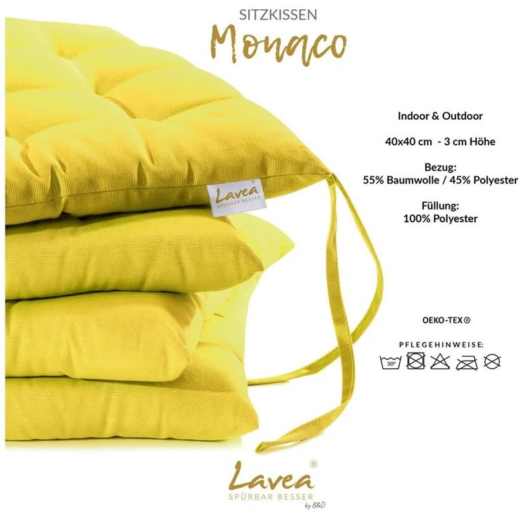 Lavea Stuhlkissen MONACO - weich gepolsterten Sitzkissen Set (4er & 8er), 40x40x3 cm, mit Stoffbändern, Indoor & Outdoor, für Garten & Balkon – Bild 3