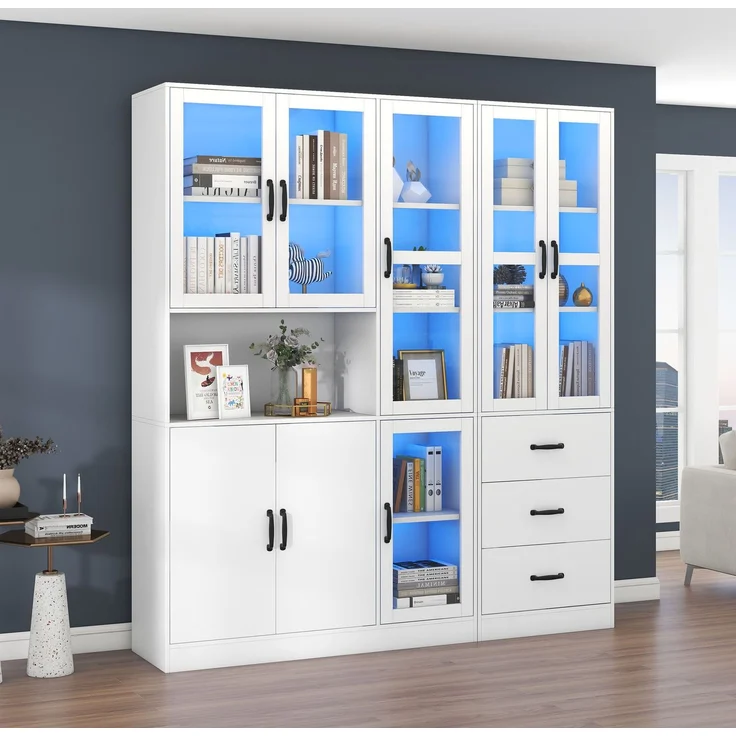 DESVIAE Vitrine Kombi-Set Weiß aus Spanplatte – 180x200x40 cm – LED-Beleuchtung, 8 Türen, 3 Schubladen – Bild 3