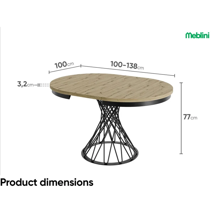 MEBLINI Esstisch Rund Ausziehbar aus Metall - 100-138x77cm - LUCO - Artisan Eiche/Schwarz Matt - Loft - Esszimmertisch Modern - Küchentisch - Ausziehtisch - Round Dining Table - Esszimmertische – Bild 7