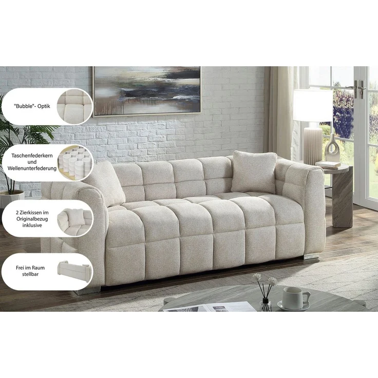ATLANTIC home collection Big-Sofa Thor Design-Sofa mit Steppung, Bubble-Optik, B:190cm, "Bubble"-3D Optik Sofa mit Taschenfederkern, inkl. Zierkissen – Bild 3