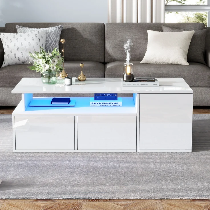 Couchtisch mit LED, 2 Schubladen & 3 seitlichen Fächern, 60 kg Tragkraft, 100x50x35 cm, Weiß – Bild 2