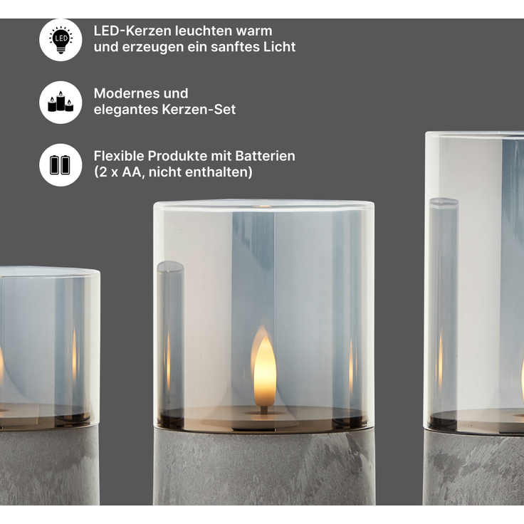 Brilliant Bougie LED-Kerzen 3er-Set - Grau/Rauchglast, warmweiß flackernd, 10 cm,12,5 cm,15 cm, batteriebetrieben, Dekoration für drinnen & draußen – Bild 2