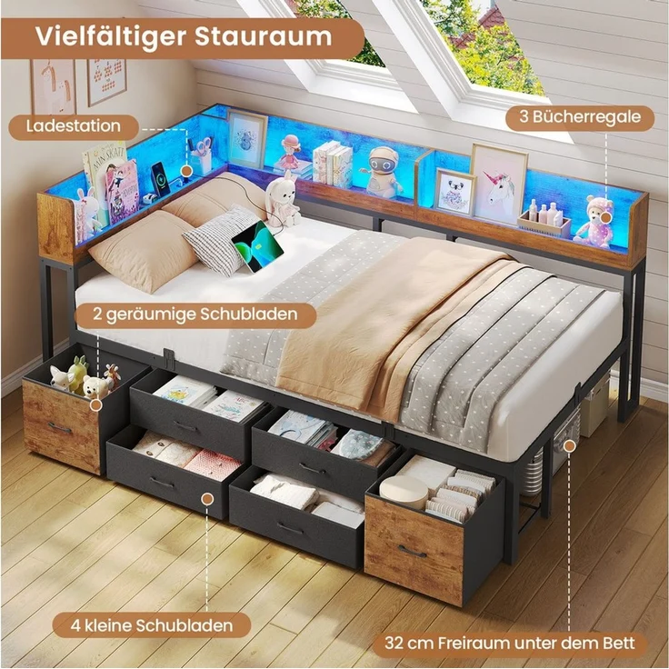 MSMASK Daybett Schlafsofa mit LED-Beleuchtung & Ladestation, Jugendbett Kinderbett, mit Integriertem Bücherregal & 6 Schubladen, 90x200cm – Bild 3