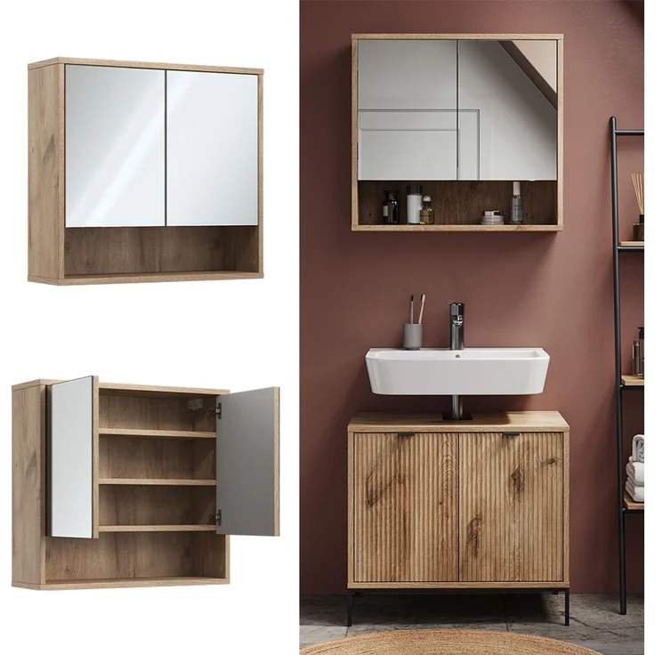 Badspiegelschrank Eliza Viking Oak 70 x 65 cm mit 2 Türen Vicco – Bild 2