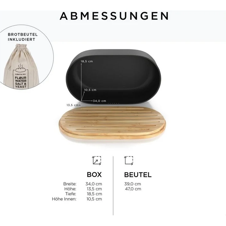 LARS NYSØM Brotkasten Ægte, Edelstahl, Metallbrotbox mit Brotsack und Bambusschneidebrett – Bild 4
