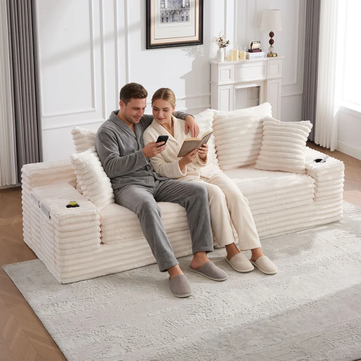 ZUBALIYA Schlafsofa 98x87 cm, mit Stauraum, mit Treppe, mit Leiter, mit Cordbezug, mit Schaumstoffpolsterung, Beige – Bild 3