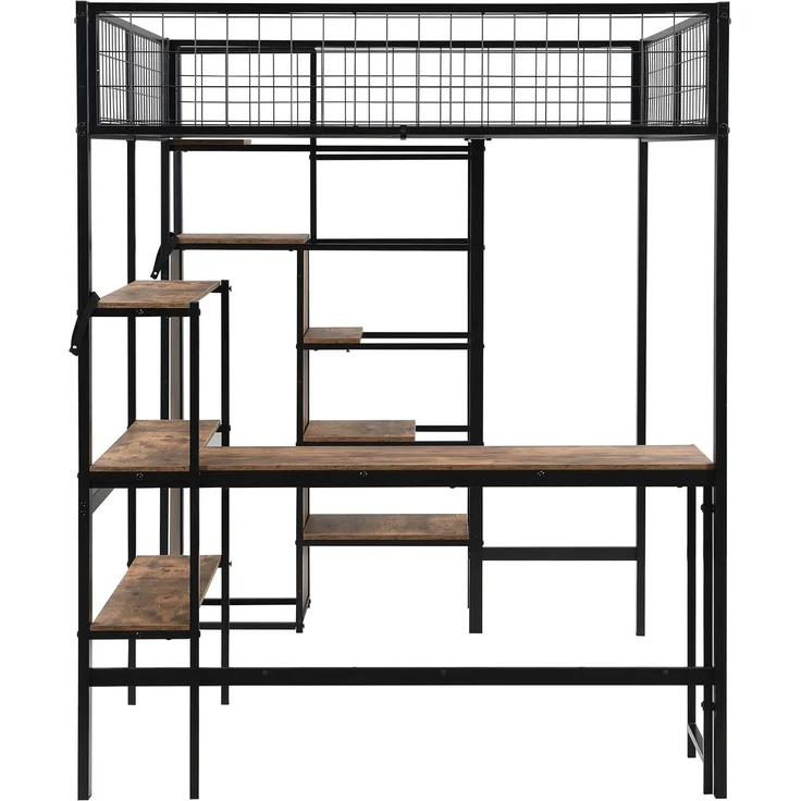 Hochbett, 140*200 cm, Eisenbett, Ablageleiter, mehrere Regale, Ohne Matratze, Einbauschrank, Schreibtisch, schwarz – Bild 10