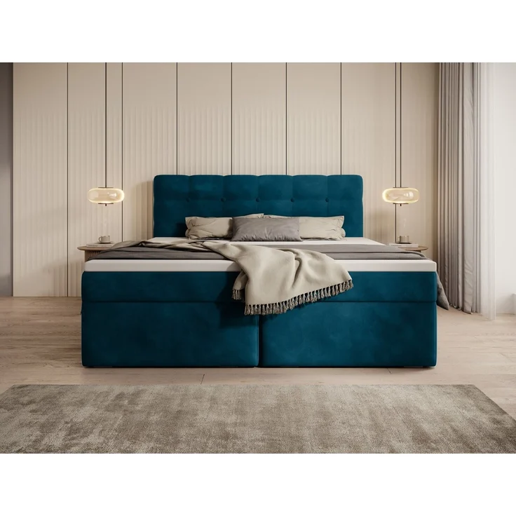 thematys Boxbett Luxus mit Bettkasten 140x200cm, mit Bonnellfederkernmatratze H3, Bouclé/Velours, mit Stauraum, mit 3 cm Topper, Blau (Holland 86), Art.-Nr. S0WGG0AN9JI – Bild 4