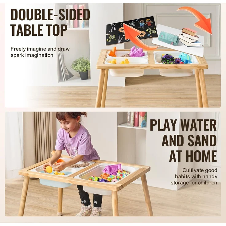VEVOR Sensoriktisch für Kleinkinder Aktivitätstisch mit 3 faltbaren Aufbewahrungsbehältern & doppelseitiger Tafel, Sand- und Wassertisch Sensoriktisch für Kinder aus Holz zum Zeichnen Lernen Essen – Bild 3